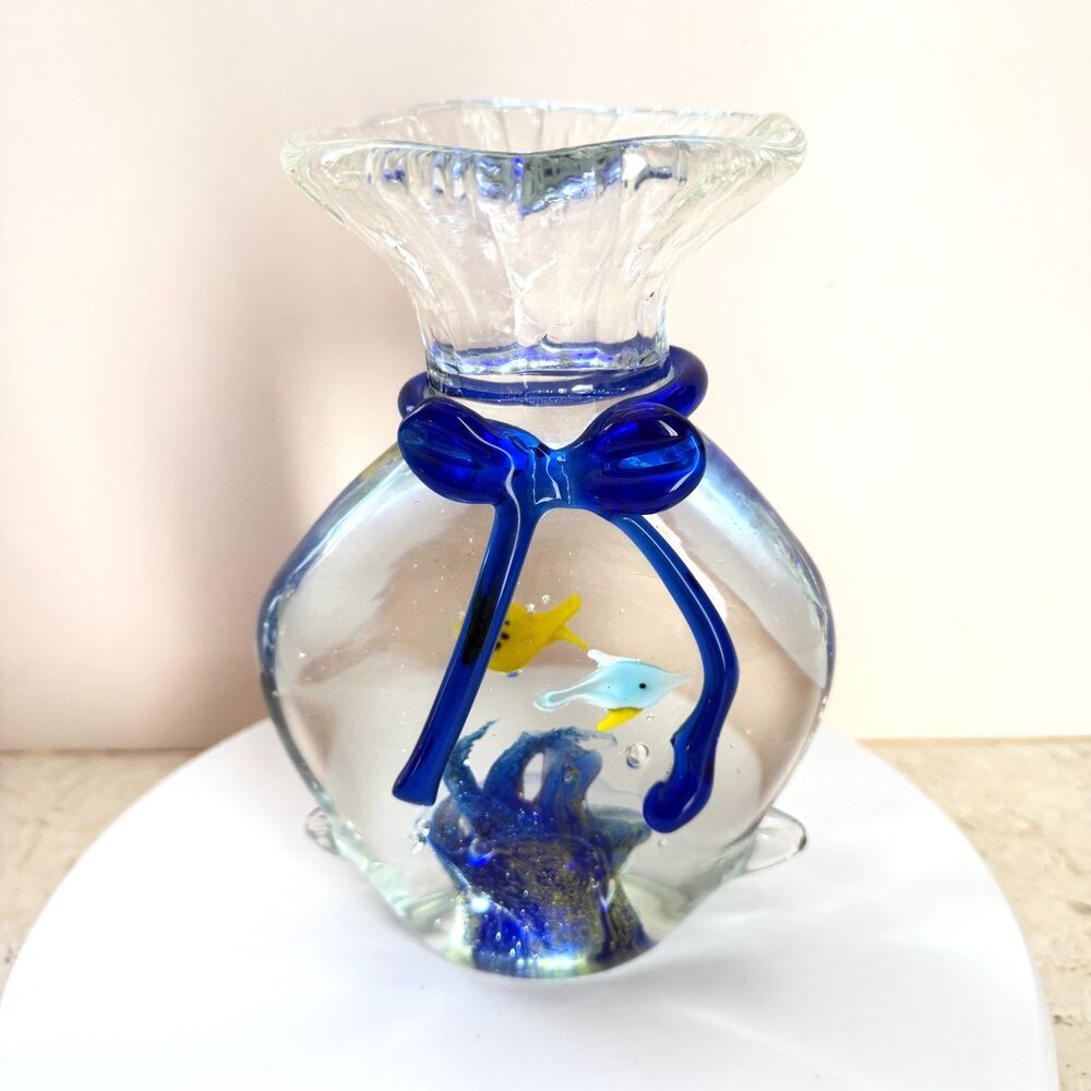 Murano Vintage Handblown Glass Fish in a Bag Aquarium 2 Fish Coral Bubbles Heavy